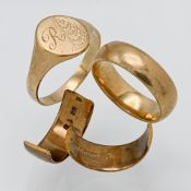 Three 9ct gold gents rings (one cut), approx. 19.4g