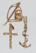A 9ct gold jockey hat and cane pendant, 9ct gold cross and a 9ct gold anchor on chain, total