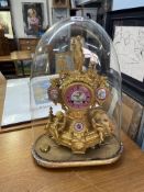 19th century French gilt ornate clock under glass dome (damaged to clock and dome)