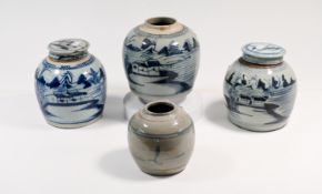A group of four blue and white provincial ware ginger jars and two covers, 13 to 18cm.