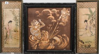 A pair paintings, ink and colour on silk, ladies in gardens (framed and glazed); 52.5 by 21.7cm;