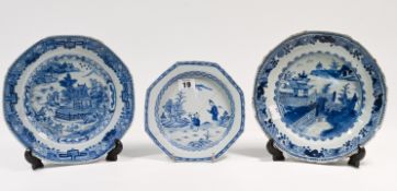 Three blue and white plates, 18th and 19th century Each of octagonal form, two painted with