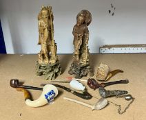 Chinese carved soapstone figure group, sundry pipes etc