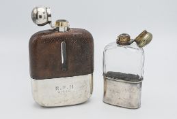 A large George V silver glass and leather hip flask James Dixon & Son, maximum height 18cm, width
