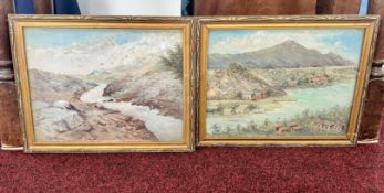 A pair of Chinese? Silk pictures, unsigned, with paper label to reverse 'A Yeung', framed and