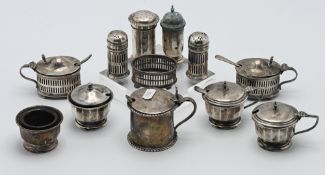 A collection of various silver mustard pots and condiments the weighable silver approx. 13.4oz