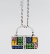 Iliana - an 18ck white gold multi stone and diamond pendant in a form of a bag, stamped 18k, with