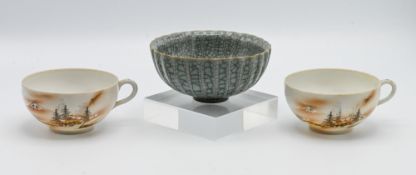 A lobed ge-type bowl Stoutly potted and applied overall with a grey blue crackled glaze, 12.2cm;