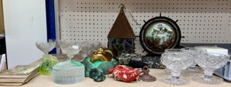 Various cut glass Sunday dishes, heavy coloured glass paperweight, Sunday postcards, lantern,