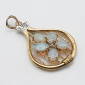 An 18ct yellow gold pendant set with five opals and diamonds length 3.5cm, 4.07g