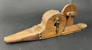 A vintage wood and copper fire place 'Blower', Victorian architectural wood cased mantel clock,