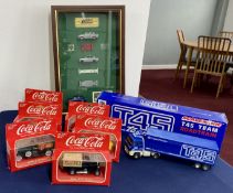 A collection of various items. Scalextric T45 Team Roadtrain Leyland Trucks, six Coco-Cola die-