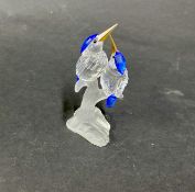 Swarovski Crystal Glass, 'Kingfishers on a branch', blue feather detailing and yellow glass beaks,