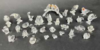 Swarovski Crystal Glass, a collection of animals to include parrots on a branch, a rooster, a