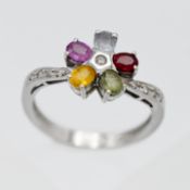 An 18ct white gold multi coloured gem stone and diamond 'flower' ring, size O.