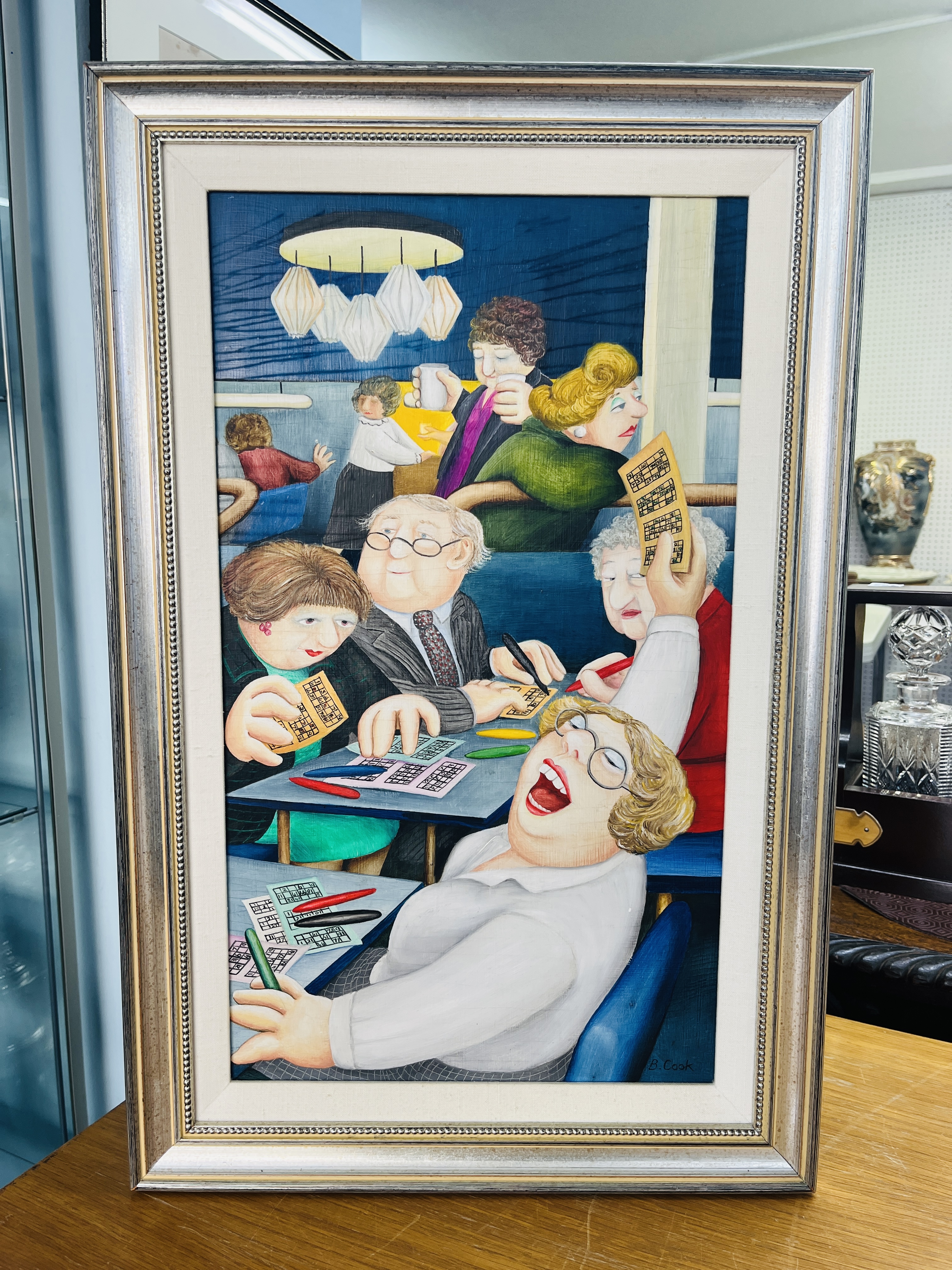 Beryl Cook (1926-2008), an original oil on board titled 'Bingo', signed. 51cm x 30cm, Overall size - Image 5 of 16