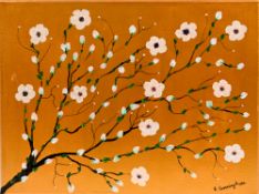 Rosie Cunningham, British artist, 'Blossom - Gold' acrylic on canvas, 30cm x 40cm. Rosie is a well