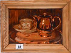 Ruth Bowyer (b 1948-), oil on board, Still Life - 'Lustre Teapot', framed. Overall size 15cm x 23cm