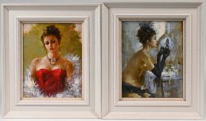 Pair of oil paintings portraits of Women possibly French, painted on board in white framed overall