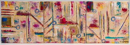 Rosie Cunningham, British artist, mixed media on canvas Triptych, 31cm x 31cm, signed. Rosie is a