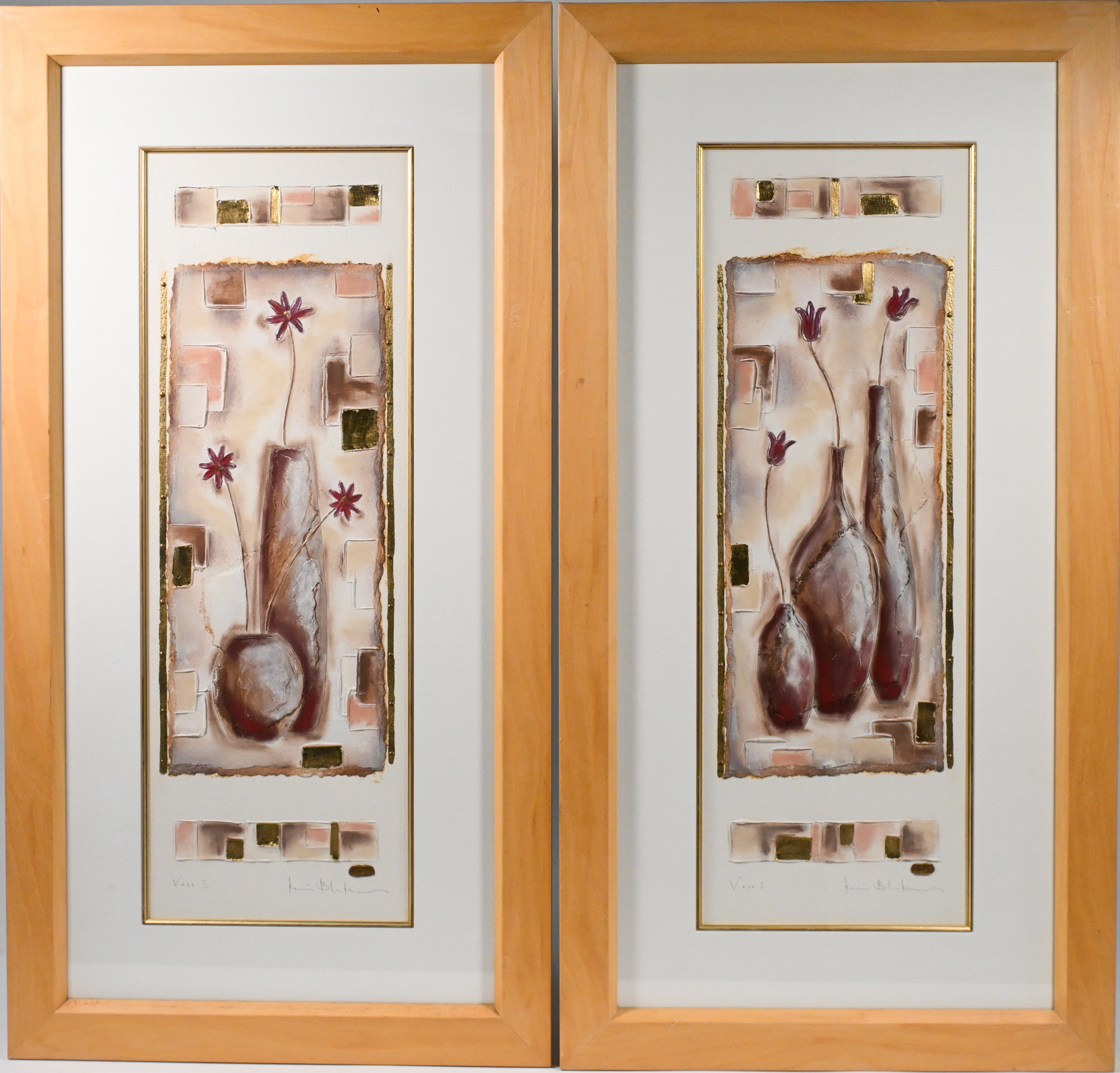 A pair of modern mixed media signed prints, titled 'Vase I' and 'Vase II', framed and glazed.