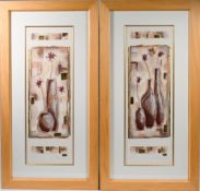 A pair of modern mixed media signed prints, titled 'Vase I' and 'Vase II', framed and glazed.
