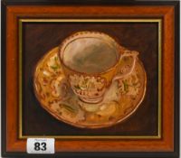 Ruth Bowyer (b 1948-), 'Cup and Saucer', oil, signed. Size 13cm x 15cm.