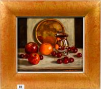 Ruth Bowyer (b 1948-), oil on board, Still Life, Image size 25cm x 29cm, framed sized 40cm x 45cm