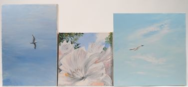 Sue Wills, three oil on canvas together with David Folley oil on canvas painting unframed.