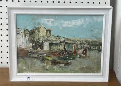 Plymouth Fish Market, the Barbican - Unsigned oil of board, framed , 30 x 39cm.