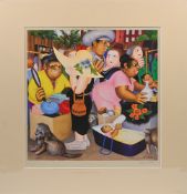 Beryl Cook (1926-2008) a signed print - 'Street Market', mounted. Image size 36cm x 36cm.