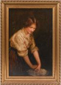 A 19th century portrait oil painting, 'Portrait of a young women washing