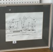 Derek Holland, Boats tied up at The Barbican, Plymouth, Pencil and ink sketch, Framed and glazed -