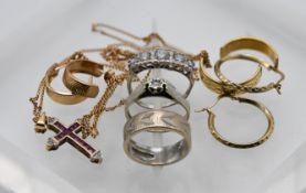 A mixed collection of 9ct gold jewellery including a ruby cross, total weight of 9ct 12g, also a