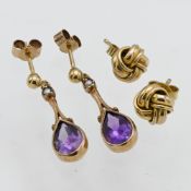 A pair 9ct knot earrings and amethyst drop earrings 4.1g total.