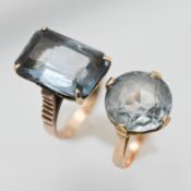 Two dress rings set with large pale blue stones (not hallmarked), approx 11.2g