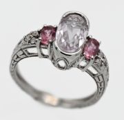 A 14k white gold ring set with a pink sapphire, diamond and kunzite, size N