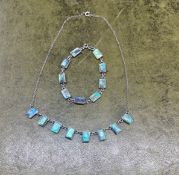 A silver set fringe style necklet and a box link bracelet, set with abalone shell, total weight 20.