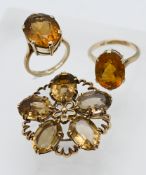 A 9ct gold brooch/pendant together with two 9ct gold quartz? Rings, total weight 24.51g