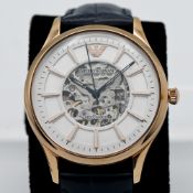 Emporio Armani, a gents stainless steel rose gold 'Meccanico' wristwatch, 111912, on blue leather