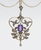 Victorian amethyst and diamond floral set pendant. Centre rectangular Amethyst classic open