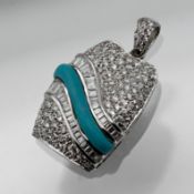 A rectangular white stone parve set pendant stamped '750' white gold, approx 9.3g