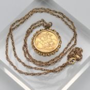 A Victoria full sovereign 1890 mounted and on chain, approx 19.1g