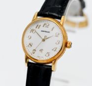 Mont Blanc, an 18k Meisterstuck wristwatch, CC16626, 7008, with booklet, card and box.