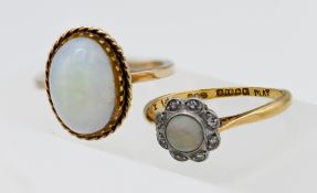 A 9ct yellow gold single cabochon cut opal ring, size M, together with an 18ct yellow gold diamond