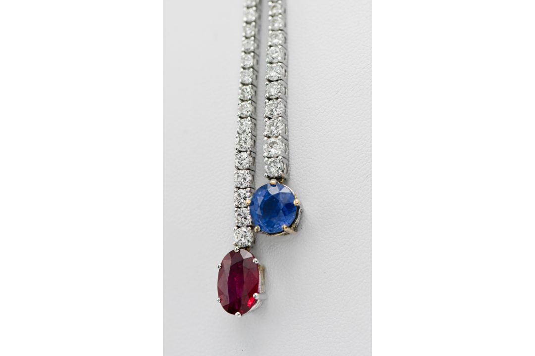 A stunning diamond line necklace set in 18ct white gold, further set with a large single ruby and - Image 2 of 2