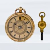An 18k cased small open face pocket watch, key wind, roman dial.