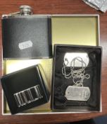 Gucci sterling silver double dog tag with ball chain, hallmarked, boxed; a stylised money clip,