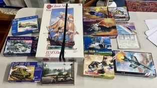 Airfix 'HMS Bounty 1787' model kit, boxed, and 10 additional vehicle kits, covering 'SU-34', 'RAF