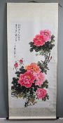 After Qi Baishi Peonies, ink and colour on paper (mounted on brocade as a hanging scroll) Signature,